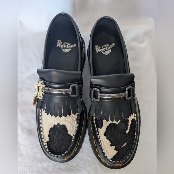 Dr. Martens Adrian Snaffle Quad Black/White Cow Print Horsebit Leather Loafers - Picture 5 of 14